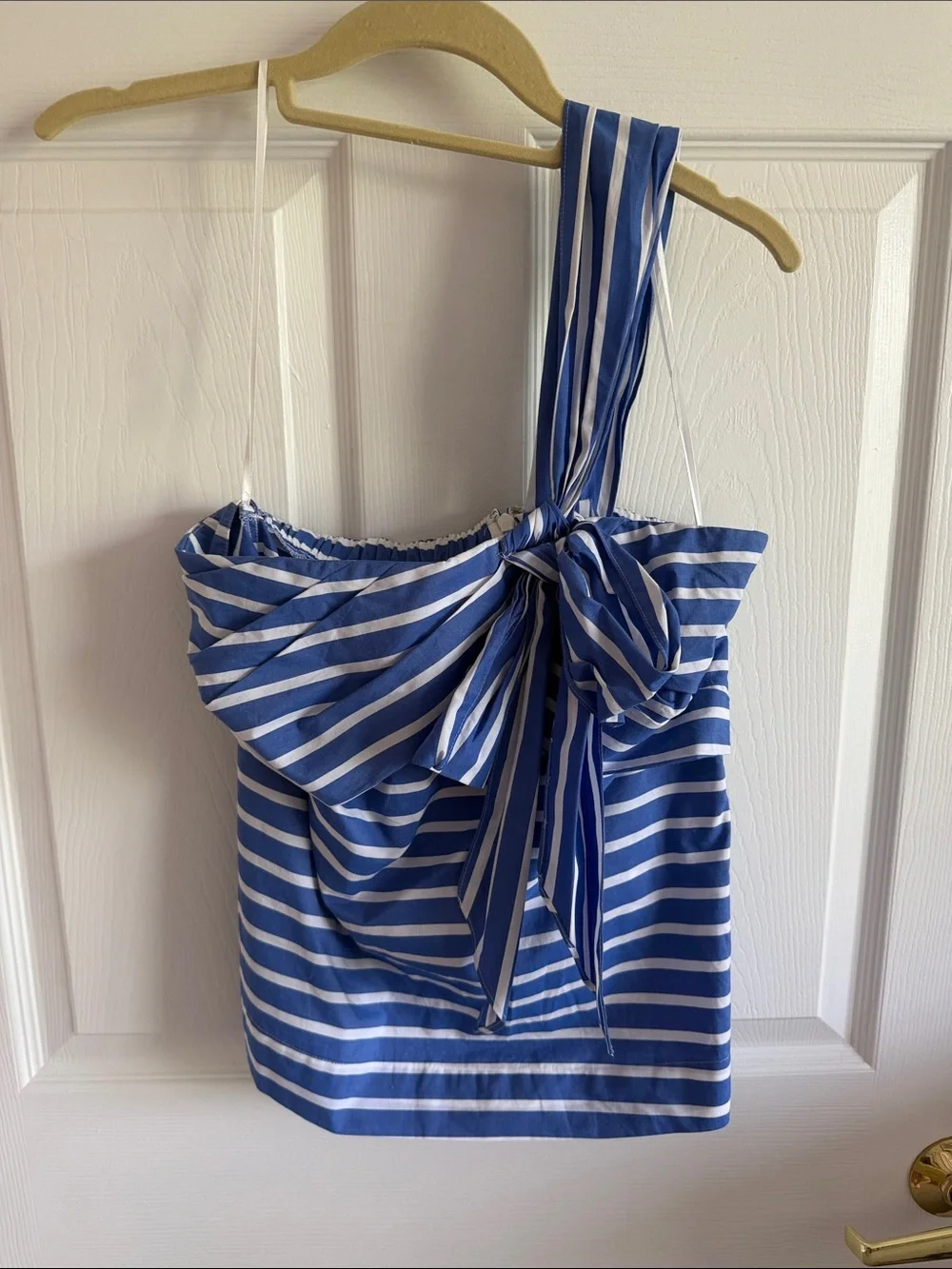 J Crew blue & white one shoulder blouse